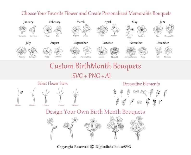 Birth Month Svg Bundle, Flower Svg, Floral svg, Botanical svg, Rose svg, Daisy svg, Poppy svg, Birthday svg, Custom Birth Flower,Tattoo svg image 1