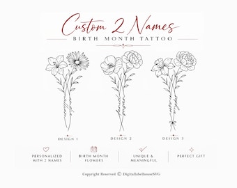 Custom Birth Flower Tattoo Design: Two Names, Floral Line Art (Digital Download), Custom Birth Flower Tattoo Design,  Family Floral Print