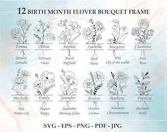 Birth Month Flower Bouquet Frame Svg Bundle, Birth Month Flower, Flower Svg, Birth flower,Flower Bouquet, Flowers, Floral, Frame, Svg, Png