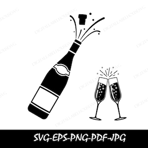 Botella de champán SVG, copas de champán SVG, celebración SVG, vector de descorche, boda SVG, fiesta PNG, silueta de botella, archivos de corte Cricut