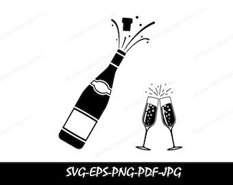 Champagne bottle SVG, champagne glasses svg, celebration svg, cork pop vector, wedding svg, party png, bottle silhouette cricut cut files