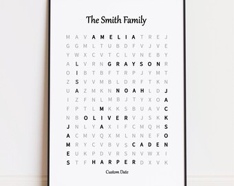 Puede incluir: Un diseño de arte de pared imprimible en blanco y negro con el texto "The Smith Family" en la parte superior. Los nombres Amelia, Grayson, Noah, Oliver, James y Harper están deletreados en una cuadrícula de letras.