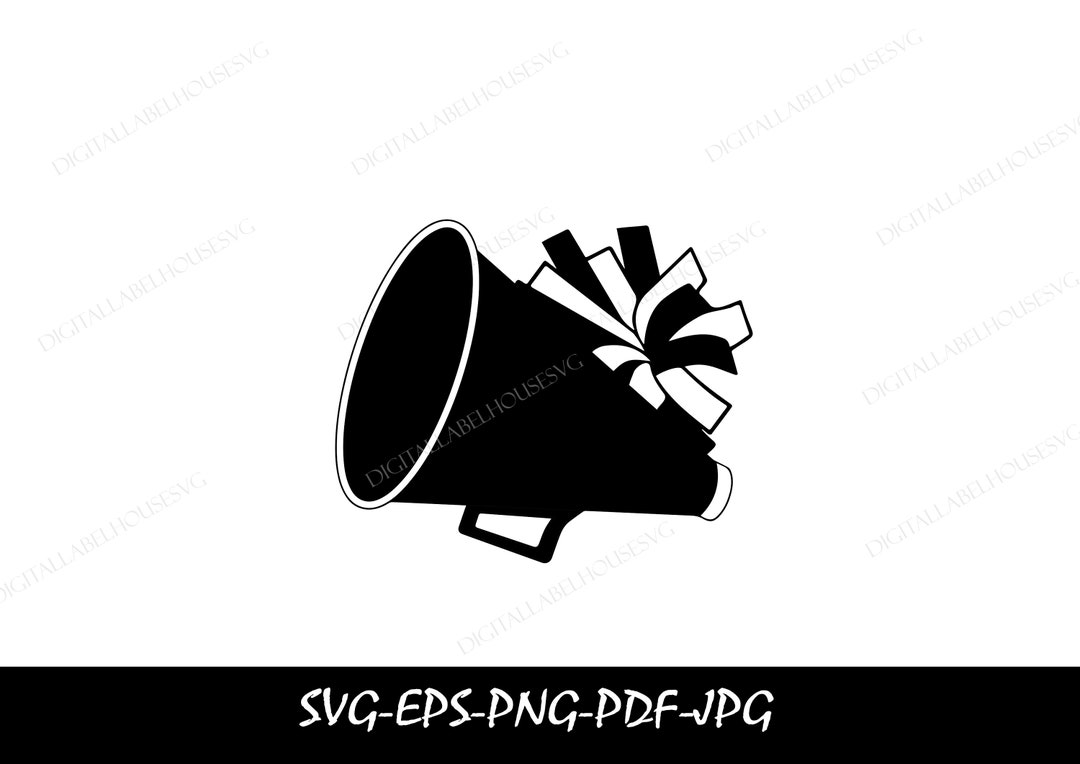 Black Cheerleader Megaphone With Pom Pom Outline for Cheer, Cheering, Cheerleading, Poms