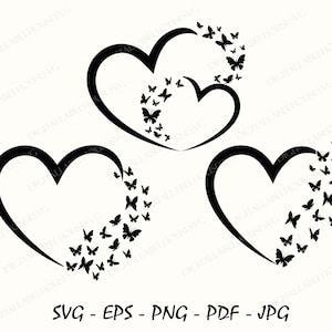 Papillons et coeur Sv, lot de Svg d'essaim de papillons, coeur Svg, Svg de papillons volants, coeur avec papillon Svg, téléchargement numérique, Eps
