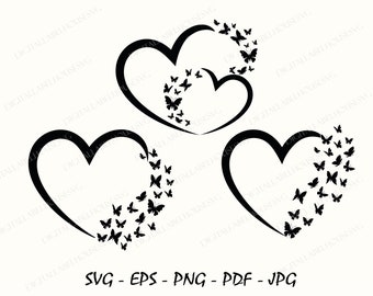 May include: Three black heart shapes with a trail of black butterflies flying out of each heart.