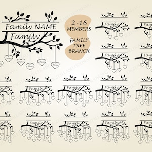 Pack Svg arbre généalogique, 2-16 membres branche d'arbre généalogique, Svg arbre généalogique coeur, Svg famille, arbre de vie, arbre Svg, téléchargement numérique