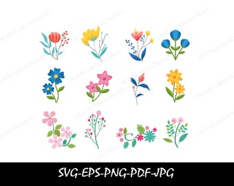 Pacote de flores fofas svg, ícone de flores de jardinagem svg, flores planas, clipart vetorial, svg, png, pdf, estêncil, arquivo de corte para, silhueta, vinil cricut