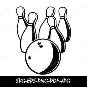 May include: Black and white illustration of a bowling ball and five bowling pins. The bowling pins are arranged in a triangle shape with the bowling ball in the center.