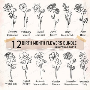 Birth Month Svg Bundle, Flower Svg, Birth Flower Svg, Tattoo, Botanical svg, Rose svg, Daisy svg, Poppy svg, Birthday svg, Mothers Day Svg