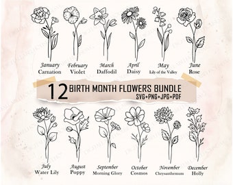 Birth Month Svg Bundle, Flower Svg, Birth Flower Svg, Tattoo, Botanical svg, Rose svg, Daisy svg, Poppy svg, Birthday svg, Mothers Day Svg