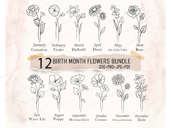 Birth Month Svg Bundle, Flower Svg, Birth Flower Svg, Tattoo, Botanical svg, Rose svg, Daisy svg, Poppy svg, Birthday svg, Mothers Day Svg