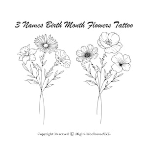 3 Names Birth Month Flowers Tattoo Art I Custom Name Design , Line Art Birth Flower Tattoo Design, Couple Family Personalized Tattoo Design