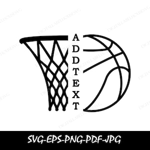 Black Bold Half Basketball & Half Hoop with Net Split Name Frame - You Add Your Own Text - Digital Download svg ,png,jpg,eps