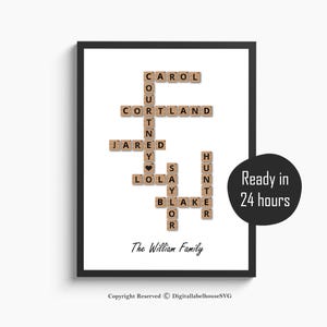 Letrero con nombre de familia, regalo único para las fiestas para mamá, regalo para el día de la madre para la abuela, impresión de crucigramas y Scrabble, impresión de mosaicos con letras familiares, rompecabezas con nombres