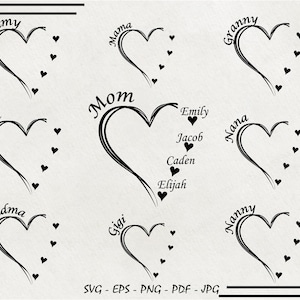 Aangepaste hart kleinkinderen naam SVG/gepersonaliseerde mama Cricut design vector bundel/moeder Mimi clipart silhouet/png T-shirt/snijplotter