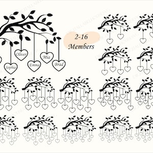 Pacchetto albero genealogico Svg, famiglia da 2 a 16 membri Svg, albero della vita Svg, ramo dell'albero genealogico Svg, albero genealogico del cuore Svg, download digitale