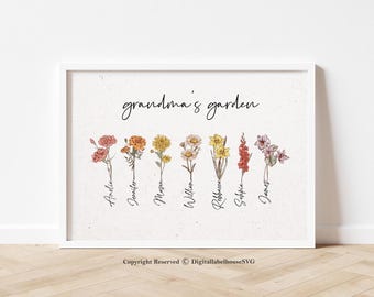 Grandma's Garden Birth Flower Print for Nana, Personalized Christmas Gift for Grandma, Birth Flower Bouquet, Grandchildren Names Digital Art