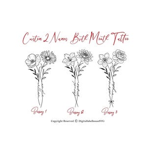 2 Names Birth Month Flowers Tattoo Art , Custom Name Design , Line Art Birth Flower Tattoo Design, Couple Family Personalized Tattoo Design