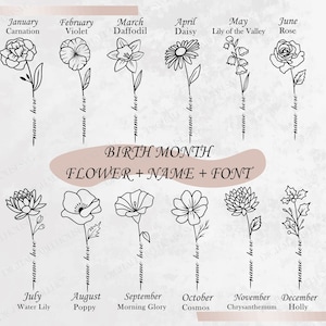 Geboortemaand Svg-bundel, bloem Svg, geboortebloem Svg, bloemen Svg, botanische Svg, roos Svg, madeliefje Svg, klaproos Svg, verjaardag Svg, tatoeage