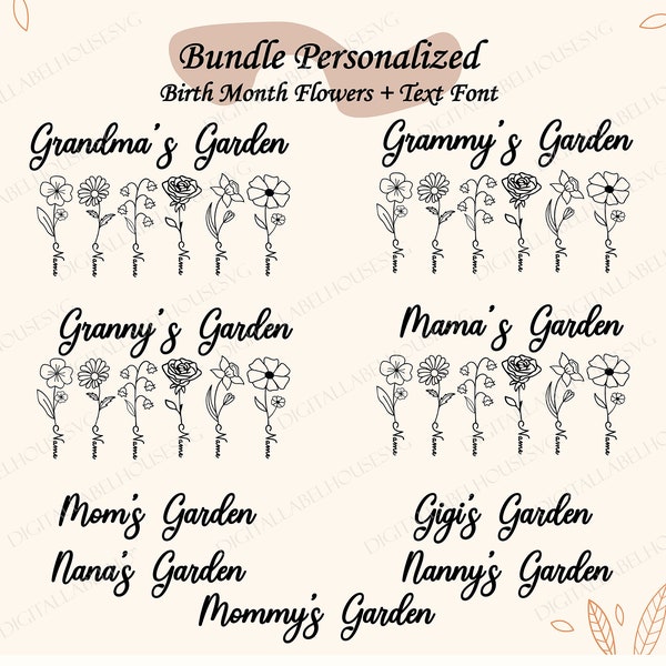 Bundle personnalisé jardin de grand-mère, clipart fleurs mois de naissance, bricolage fleur du mois de naissance svg, svg floral aquarelle, svg de la fête des mères