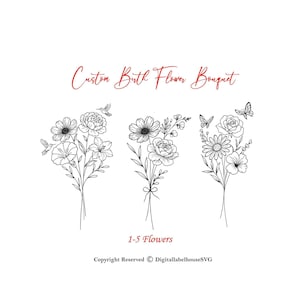 Custom Birth Flower Bouquet | Family Birth Month Tattoo Design | Family Line Art Tattoo | Minimalist Print Gift I Flower Bouquet Print
