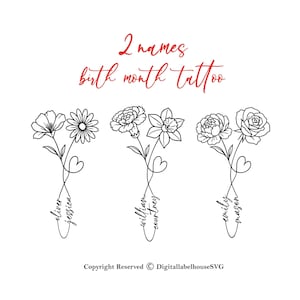 2 Names Birth Month Flowers Tattoo Design ,Personalized Tattoo, Birth Flower Bouquet Tattoo Design, Line Art Birth Flower Tattoo Design