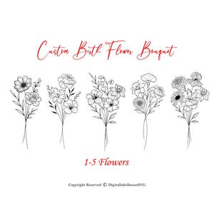Kundenspezifisches Geburts-Blumenstrauß, Familien-Geburtsmonat Tattoo-Design, Blumenstrauß-Druck, Blumentattoo-Design, 2-5 Blumen, minimalistisches Druckgeschenk