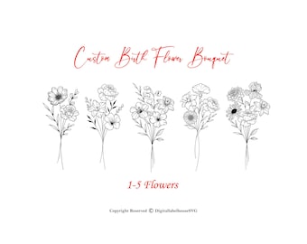 Custom Birth Flower Bouquet, Family Birth Month Tattoo Design, Flower Bouquet Print, Floral Tattoo Design,2-5 Flowers, Minimalist Print Gift