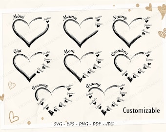 Custom Heart Grandkid Name Svg, Mother Svg Bundle, Personalized Mama Svg, Grammy/ Mimi/ Svg Bundle, Grandma Shirt Svg, Gift For Mom Svg