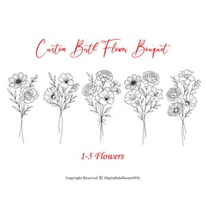Custom Birth Flower Bouquet, Family Birth Month Tattoo Design, Flower Bouquet Print, Floral Tattoo Design,2-5 Flowers, Minimalist Print Gift