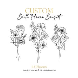 Custom Birth Month Flower Bouquet I Birth Flower Tattoo Design I Fine Line Floral Tattoo I Personalized Floral Tattoo I Minimalist Print