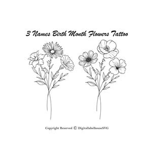 3 Names Birth Month Flowers Tattoo Art I Custom Name Design , Line Art Birth Flower Tattoo Design, Couple Family Personalized Tattoo Design