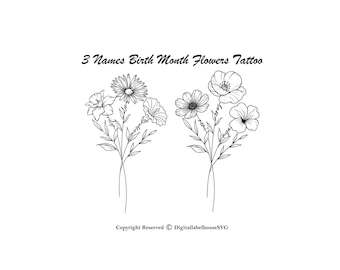 3 Names Birth Month Flowers Tattoo Art I Custom Name Design , Line Art Birth Flower Tattoo Design, Couple Family Personalized Tattoo Design