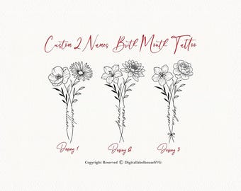 Custom Birth Flower Tattoo Design with Names | Personalised Tattoo Ticket | 2 Birth Month Flowers Tattoo | Couple Family Personalized Gift