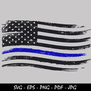 May include: A distressed American flag with a thin blue line running horizontally across the middle. The flag is waving in the wind.