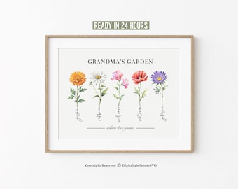 Geboortebloemen familieboeket I Moederdagcadeau voor oma I geboortemaand Flower Art I aangepaste verjaardagscadeau voor moeder I gepersonaliseerd digitaal