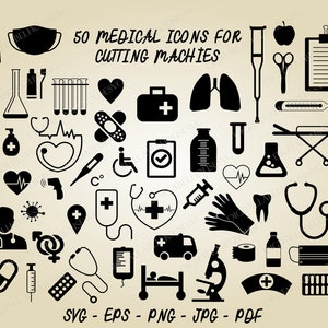 May include: A black and white illustration of 50 medical icons for cutting machines. The icons include a stethoscope, heart, thermometer, syringe, pills, bandage, and more.