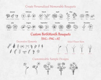 Custom Birth Flower Bouquet SVG: Rose, Daisy, Violet Floral Tattoos (Digital Download)