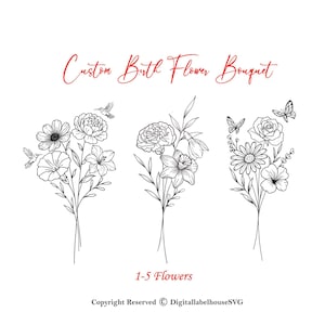 Custom Birth Flower Bouquet | Family Birth Month Tattoo Design | Family Line Art Tattoo | Minimalist Print Gift I Flower Bouquet Print