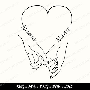 Imágenes SVG de manos tomadas, meñique, amor, archivo SVG de corte, personaliza con tu propio texto, añade nombres y fechas, descarga instantánea, diseño de manos enamoradas