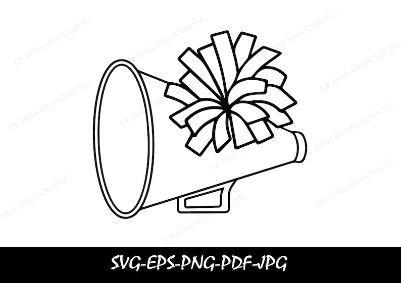 Black Cheerleader Megaphone With Pom Pom Outline for Cheer, Cheering