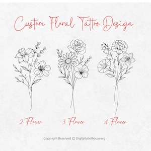 Custom Floral Tattoo Design, Small 1-6&quot;, Tattoo Commission, Birth Flower Tattoo Design, Fine Line Floral Tattoo Design, Personalised Tattoo