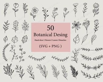 Botanical Flowers Leaves Branches SVG Bundle (Digital Download), Leaves Svg, Branches Svg, Wildflower Svg Bundle, Flower svg, Botanical svg