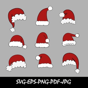 May include: Nine red Santa hats with white trim and pom-poms are displayed on a gray background. The hats are in various positions, some upright and some tilted. The bottom of the image contains the text "SVG-EPS-PNG-PDF-JPG".