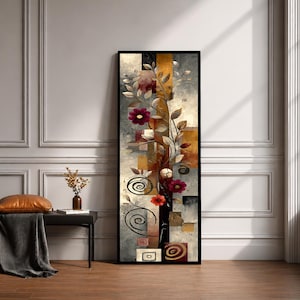 Quadro da parete lungo e stretto di metà secolo con motivi botanici: opera d'arte incorniciata di grandi dimensioni