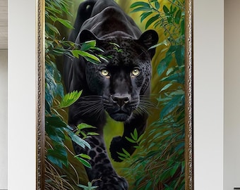 Art Jaguar, décoration d&#39;animaux sauvages, Jaguar noir prêt à accrocher sur le thème botanique, cadeau vétérinaire, toile de chambre d&#39;enfant, art mural surdimensionné, cadeau pour la maison