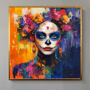 Mexican Sugar Skull Woman with Floral Crown Dia de los Muertos Canvas Art Framed Wall Art Day of the Dead Wall Decor Mexican Woman Art