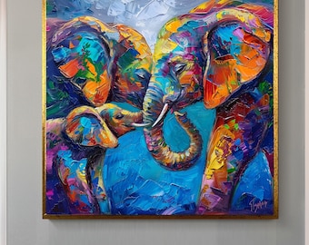 Décoration de famille éléphant, impression sur toile de famille, cadeaux animaux, cadeau de pendaison de crémaillère, cadre argenté, tenture murale, art mural de luxe, grande oeuvre d&#39;art
