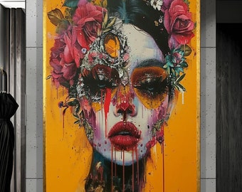 Blumen Frau Portrait Leinwand Druck, Abstrakte Bunte Wandkunst