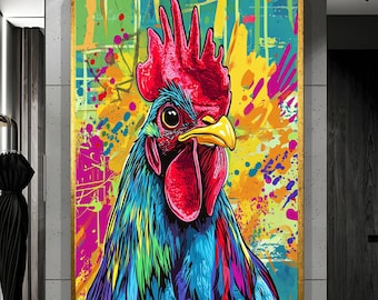 May include: A vibrant, colorful rooster portrait in a pop art style. The rooster features a red comb and wattle, a yellow beak, and blue, green, and purple feathers. The background is a splash of yellow, green, and pink paint.